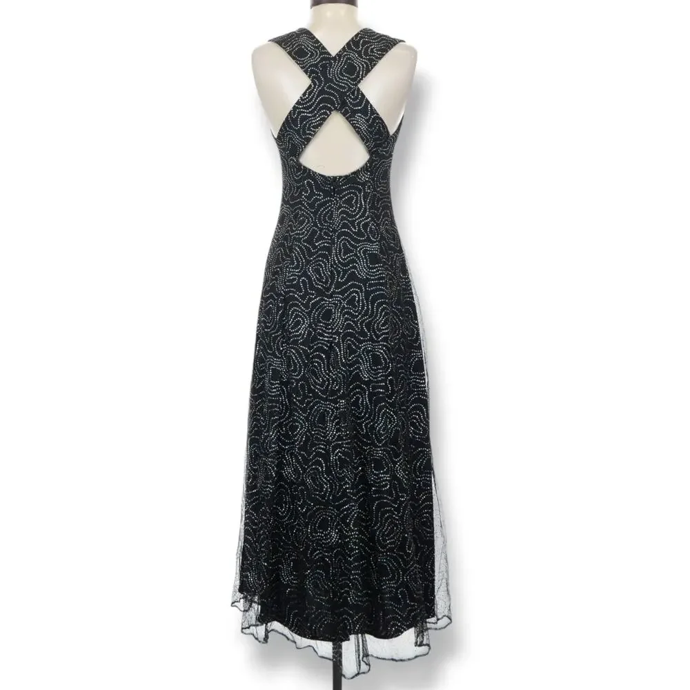 Vintage All That Jazz Black Mesh Rhinestone Maxi Dress Open Back Party Wedding